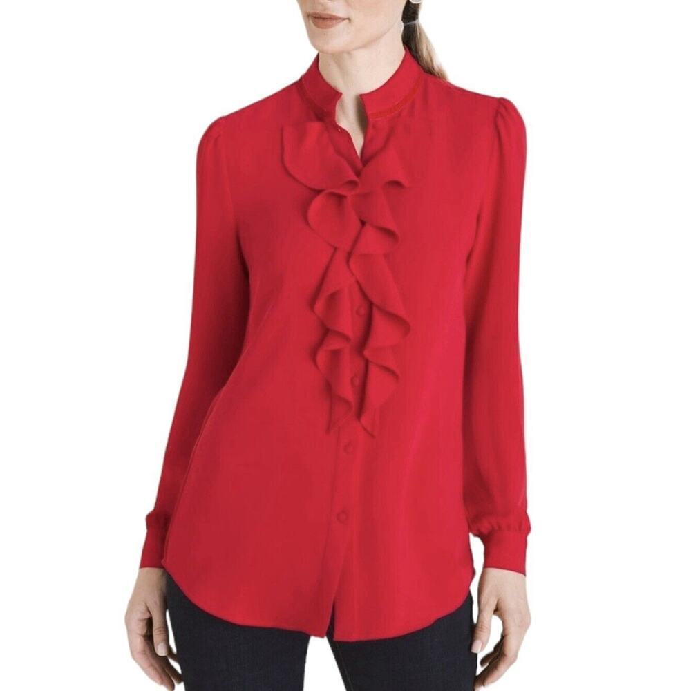 Chicos Ruffle Front Button Up Blouse Womens Size XL/16 Red NWT $79